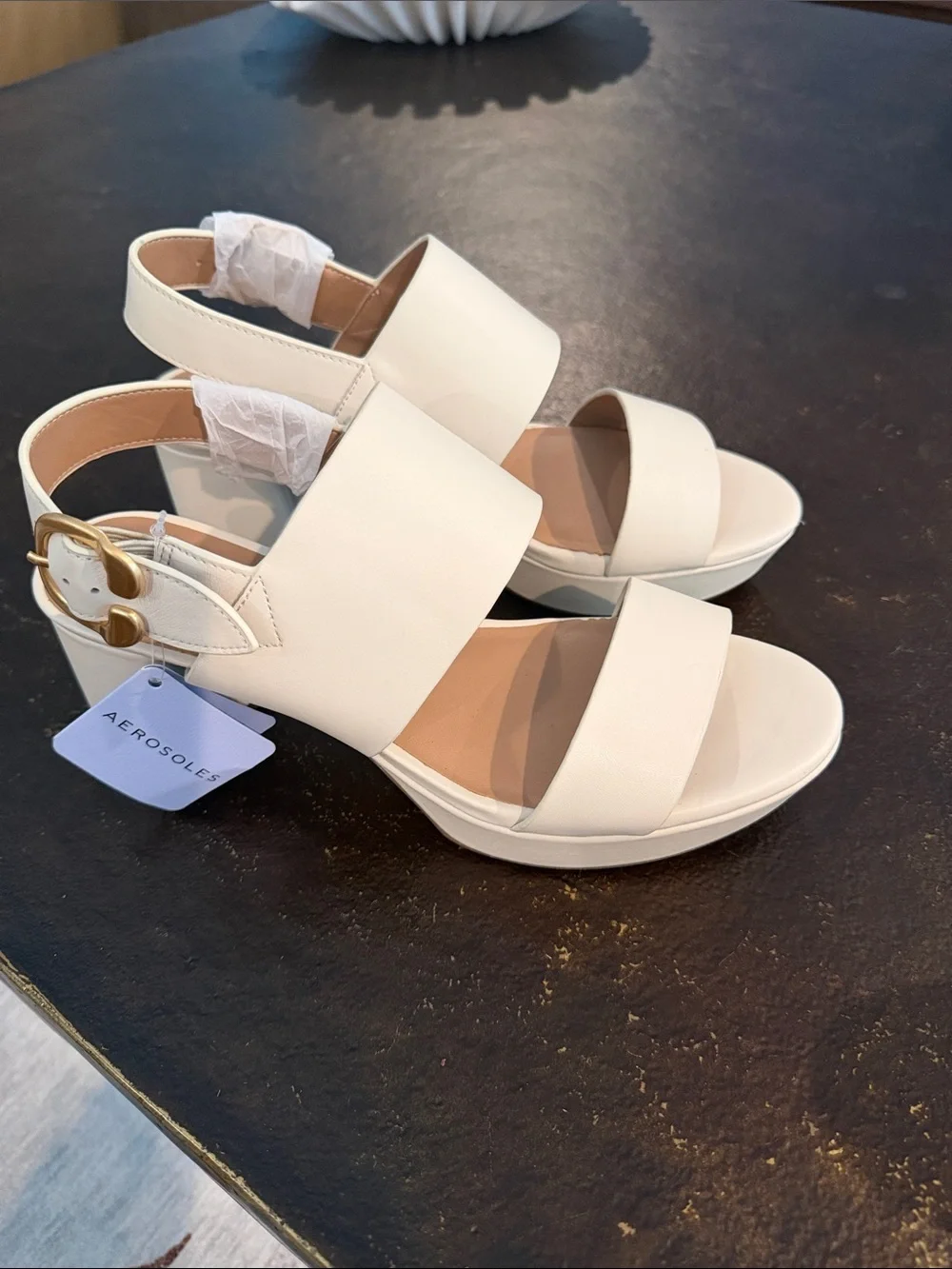 AEROSOLES Ivory Platform Sandal with Gold Buckle